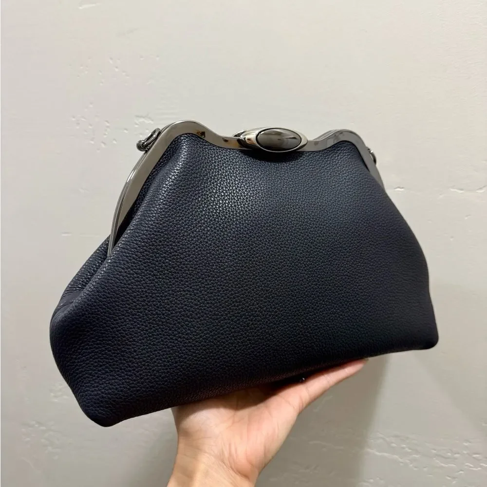 Black Togo Cowhide Leather Handmade Custom Metal Frame Handbag & 2 Strap Styles